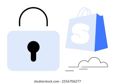 Padlock, shopping bag, and cloud symbol. Ideal for online security, e-commerce protection, cloud storage, digital shopping, privacy themes. Clean, minimal vector style, focusing on safety in internet