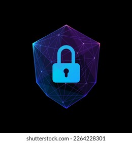 Padlock sign on shield. Cyber security concept. Futuristic 3D vector. Low poly wireframe. Blue purple space Vector illustration. Isolated Shield and Padlock on black background.