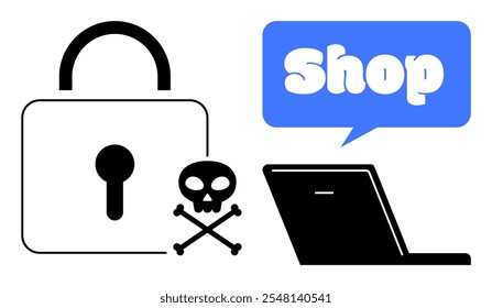 Padlock, skull and crossbones, and laptop speech bubble that says Shop. Ideal for online security, e-commerce dangers, cyber threats, secure shopping, and internet safety. Simple flat style