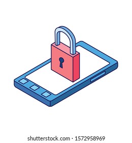 padlock and smartphone icon over white background, vector illustration