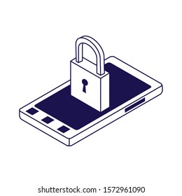 padlock and smartphone icon over white background, vector illustration