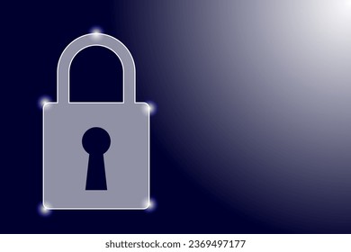 Das Padlock-Symbol und der Glühpunkt mit Licht von oben reflektiert. Dunkelblau und Farbverlauf-Hintergrund. 