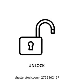 Padlock symbol in vector format with 'UNLOCK' text, representing security, accessibility, and unhindered access in modern design.