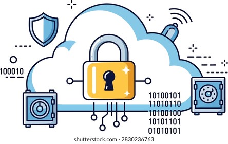 Padlock symbolizing data protection surrounded by binary code patterns