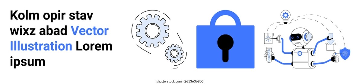 Padlock symbolizing security with gears representing mechanisms and a robot managing data analytics. Ideal for tech blogs, security services, software development, AI research, data analytics, IT