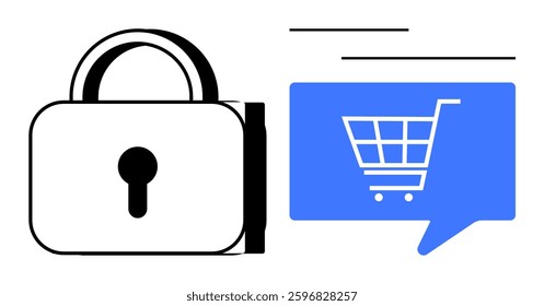 Padlock symbolizing security next to a blue speech bubble with a shopping cart. Ideal for online shopping, cybersecurity, e-commerce safety, data protection, retail security, secure transactions