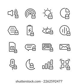 Padlock system icon set. Padlock system genres and attributes. Linear design. Lines with editable stroke. Isolated vector icons.