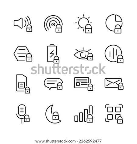 Padlock system icon set. Padlock system genres and attributes. Linear design. Lines with editable stroke. Isolated vector icons.