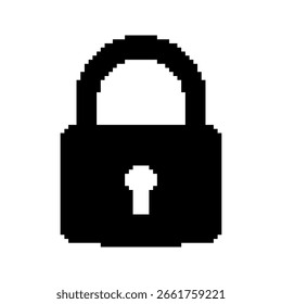 Plantillas de candado en estilo pixel art. Símbolo de seguridad bloqueado sólido negro. Protección, etiquetas privadas. Aislado sobre fondo blanco.