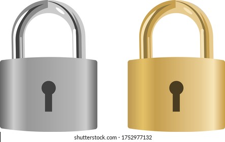 The padlock. Two realistic padlocks, gray and golden, isolated on a white background. Vector, cartoon illustration. Vector.