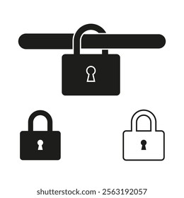 Padlock vector icons. Open and closed designs. Black and white symbols. Simple graphic shapes.