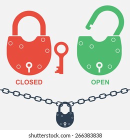 Padlock. Vector illustration.Two positions - open and closed. Closed lock connecting two pieces of chain. Symbol of secrecy. For design on the theme of security and data protection.