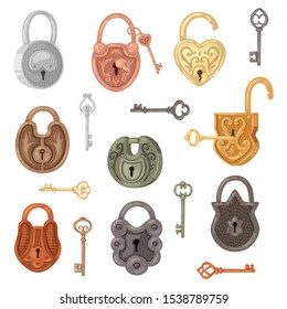 Padlock vector lock for safety and security protection with keys locked secure mechanism to interlock , lockout keyed locking system illustration set isolated on white background.