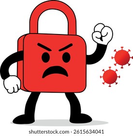 padlock vector with red color which symbolizes protection from viruses flying around it