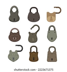 padlock vintage set cartoon. lock antique, old retro, metal safety, key security, protection padlock vintage vector illustration