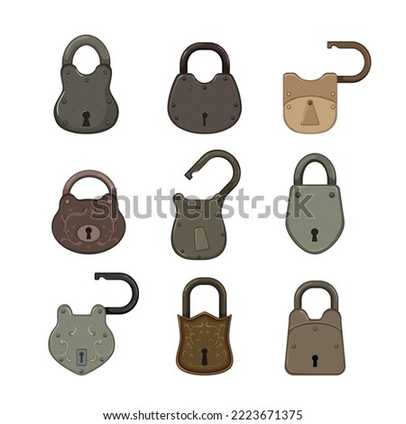 padlock vintage set cartoon. lock antique, old retro, metal safety, key security, protection padlock vintage vector illustration