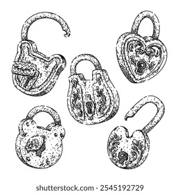 padlock vintage set mão desenhada. retro colecionável, antiquado, rústico ornado padlock vintage vetor esboço. ilustração preta isolada