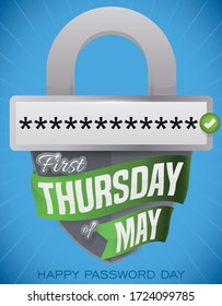 Padlock wrapped with green ribbon with input and verified access code promoting to celebrate Password Day the first Thursday of May.
