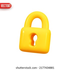 Padlock yellow color. lock with hole. Realistic 3d design element In plastic cartoon style. Icon isolated on white background. Vector illustration