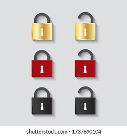 Padlocks close an opened locked and unlocked. Concept of security on multiple levels. Padlocks vector illustration in gold, red and black color. Strength, strong and safety connection with the web.