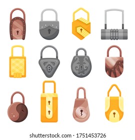 Padlocks collection. Flat padlock icons for protection privacy, web and mobile apps. Cartoon closed locks. Design template of golden, steel and bronze locks