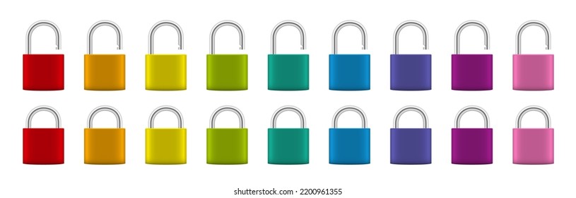 Padlocks, colorful set with locked and unlocked shackle, rainbow colored collection of steel security device - unlabeled, blank surface. Isolated vector illustration on white background.
