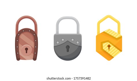 Padlocks. Iconos de candado plano para la protección de la privacidad, la web y las aplicaciones móviles. La caricatura cerró las cerraduras. Plantilla de diseño de cerraduras de oro, acero y bronce