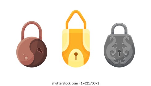 Padlocks. Flat padlock icons for protection privacy, web and mobile apps. Cartoon closed locks. Design template of golden, steel and bronze locks