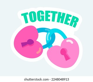 Cerraduras con formas cardíacas encadenadas. Amor y romántico. Ilustración vectorial en el diseño de pegatinas de dibujos animados