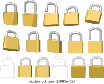 Padlocks isolated on a white background, viewed from different angles.