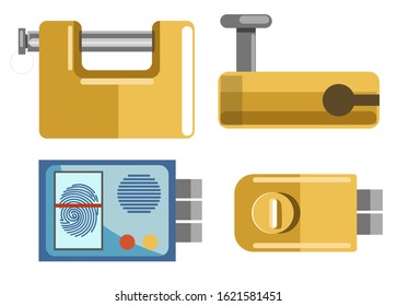 Padlocks and locks, fingerprint access isolated objects vector. Latches, house security and protection, code and handle, finger scan and electronic system. Mechanic device, home or garage safety