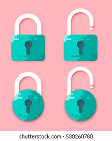 Padlocks Shapes Illustration. Lock Open and Lock Closed Vector Icons Isolated on Pink Background. Green Padlocks. Flat Cartoon Design