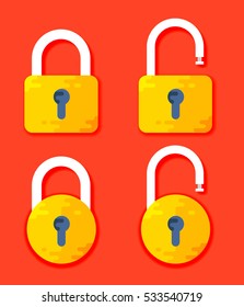 Padlocks Shapes Illustration. Lock Open and Lock Closed Vector Icons Isolated on Pink Background. Yellow Padlocks. Flat Cartoon Design