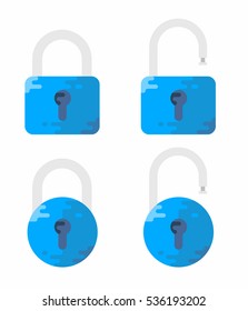 Padlocks Shapes Illustration. Lock Open and Lock Closed Vector Icons Isolated on Pink Background. Blue Padlocks. Flat Cartoon Design