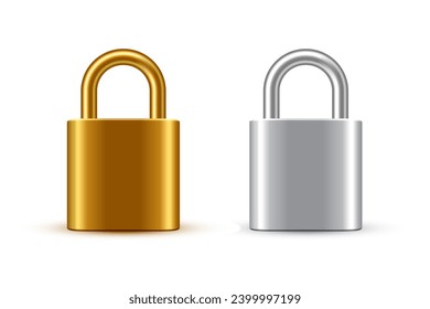 Padlocks vector illustration set. Steel golden and silver locks isolated on white background. Secure privacy and business information. Personal data protection. Safety concept.