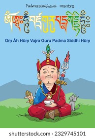 Padmasambhava mantra written in tibetian. Buddhist monk Padmasambhava sitting on the grass Tibetiam translation: Let everything be all right