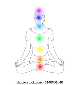 Padmasana or Lotus Pose with Chakras. Vector.