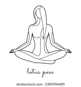 Padmasana. Woman practicing yoga, lotus pose, one line style illustration. Solid continuous line drawing of a woman.