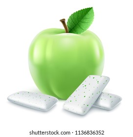 Pads of bubble gum with green apple flavour. Green leaf. Chewing gums for healthy teeth, fresh breathing and dental hygiene. Refreshing sweet candy, isolated on white background. EPS10 vector.