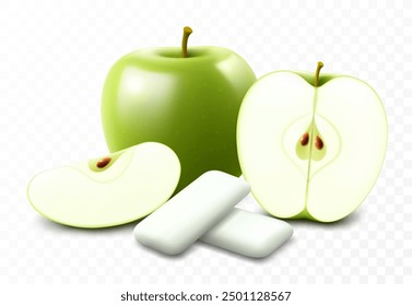 Pads of bubble gum with green apple flavour. Chewing gums for healthy teeth, fresh breathing and dental hygiene. Refreshing sweet candy, Realistic 3d vector isolated on white background.