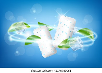 Pads of bubble gum with ice cubes and mint leaves. Green leaves spearmint for fresh breathing. Chewing gums for healthy teeth and dental hygiene. Refreshing sweet candy, isolated on white background. 