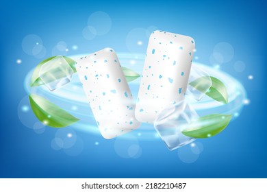 Pads of bubble gum with ice cubes and mint leaves. Green leaves spearmint for fresh breathing. Chewing gums for healthy teeth and dental hygiene. Refreshing sweet candy, isolated on white background.