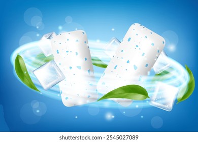 Almohadillas de goma de mascar con cubitos de hielo y hojas de menta. Hojas verdes de menta verde para una respiración fresca. Gomas de mascar para dientes sanos e higiene dental. Caramelos refrescantes. Ilustración vectorial 3D realista