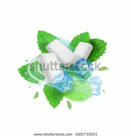 Pads of bubble gum with mint flavor. Green leaves spearmint ice cubes. Chewing gum refreshing breathing. Menthol sweet candy, isolated on white background realistic