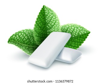 Pads de chicle con sabor a menta. Las hojas verdes se lanzan para respirar fresco. Gomas de mascar para dientes sanos e higiene dental. dulce dulce dulce y refrescante, aislado de fondo blanco. Vector EPS10.