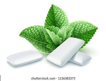 Pads of bubble gum with mint flavour. Green leaves spearmint for fresh breathing. Chewing gums for healthy teeth and dental hygiene. Refreshing sweet candy, isolated on white background. EPS10 vector.