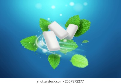 Pads of bubble gum with mint leaves. Fresh breathing and healthy teeth. Chewing gums on blue background. Green spearmint leaves. Realistic illustration