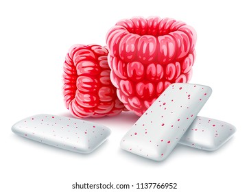 Pads de chicle con sabor a frambuesa. Frambuesas rojas con encías de mascar para dientes sanos, respiración fresca e higiene dental. dulces dulces y refrescantes dulces, aislados de fondo blanco. Vector EPS10.