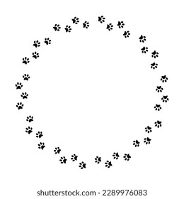 Pads of cat paws round frame. Animal paw prints on ground. Pets and wild animals. Simple black and white vector isolated on white background