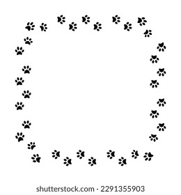 Pads of cat paws square frame. Animal paw prints on ground. Pets and wild animals. Simple black and white vector isolated on white background